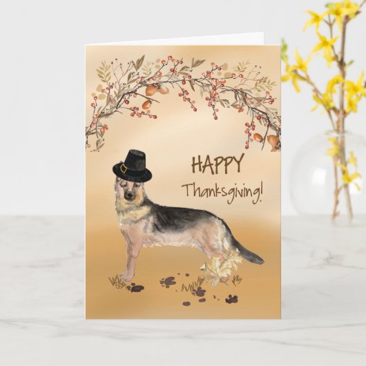 Duitse herder Funny Pilgrim Pet Thanksgiving Kaart (Gele Bloem)