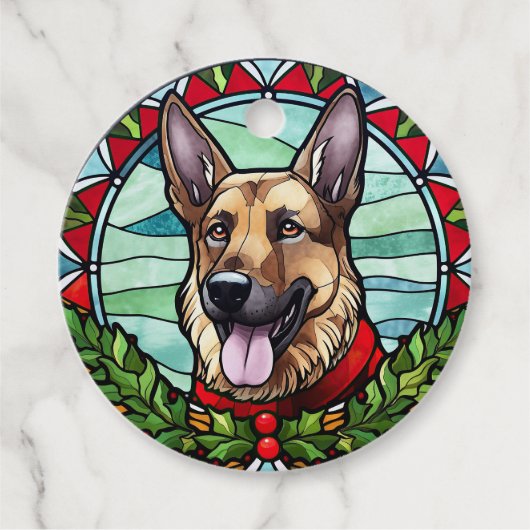 Duitse Herder Glas in Lood Kerstmis Bedankjes Labels (Voorkant)