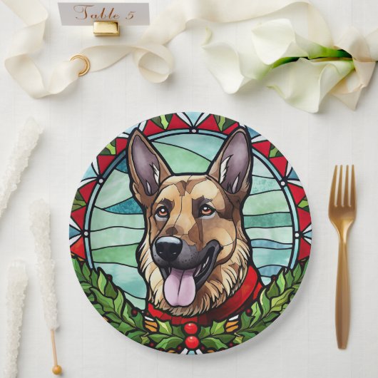 Duitse herder Glas in lood Kerstmis Papieren Bordje (Huwelijk)