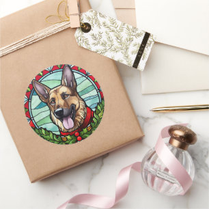 Duitse Herder Glas in Lood Kerstmis Ronde Sticker