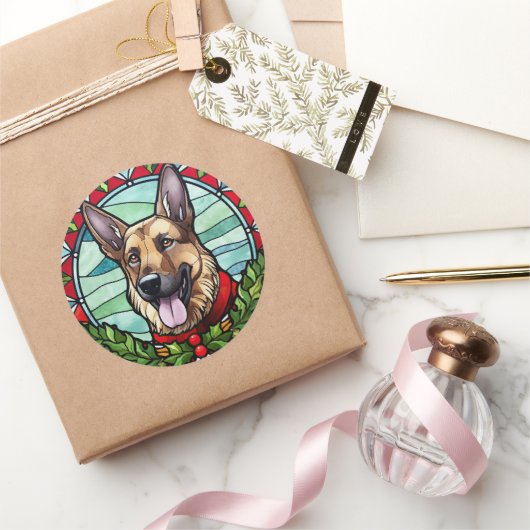 Duitse herder Glas in lood Kerstmis Ronde Sticker (Geschenken)