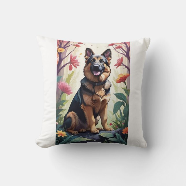 Duitse Herder Hond Bloemen Decoratief Kussen (Voorkant)