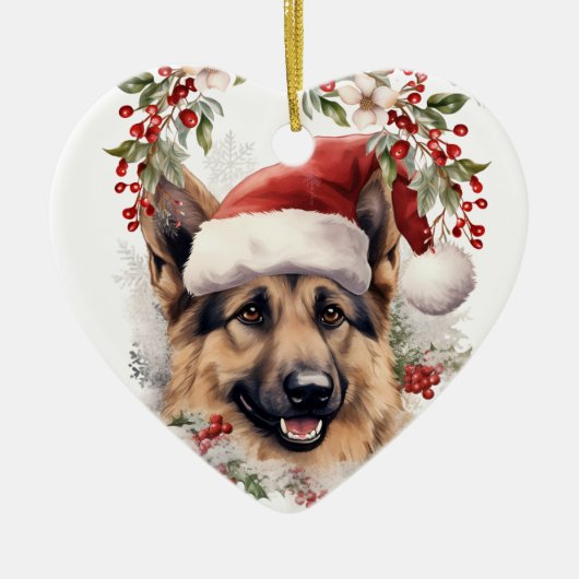 Duitse Herder Hond Holly Krans Kerstmis Keramisch Ornament (Voorkant)