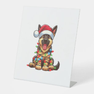 Duitse Herder Hond Kerstverlichting Santa Hat Xma Reclamebord Met Voetstuk