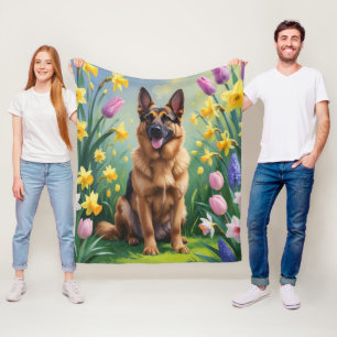 Duitse herder hond lente bloemen schilderen fleece deken