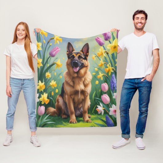Duitse herder hond lente bloemen schilderen fleece deken (In situ)