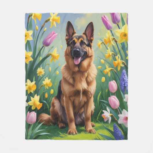 Duitse herder hond lente bloemen schilderen fleece deken (Voorkant)