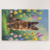 Duitse herder hond lente bloemen schilderen legpuzzel (Horizontaal)