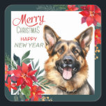 Duitse Herder Hond Poinsettia Border Christmas Vierkante Sticker<br><div class="desc">Op deze sticker is een majestueuze Duitse herdershond omlijst met Holiday waterverf rode poinsettia boeketten. Een buitenste rand van bijpassend blauw groen omringt het binnenste wit, en meer poinsettia afbeeldingen bevinden zich in de rechterbovenhoek. De rode en blauwgroen tekst zegt "VROLIJK KERSTFEEST GELUKKIG NIEUWJAAR". voor uw Vakantiecorrespondentie of cadeaupakketten, vooral...</div>