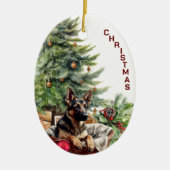 Duitse herder hond rieten mand kerst keramisch ornament (Voorkant)