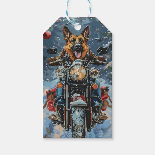 Duitse herder hond rijden motorfiets kerst cadeaulabel (Voorkant)