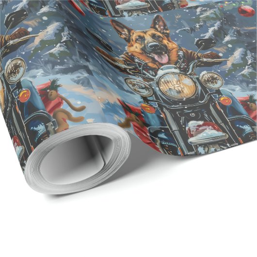 Duitse herder hond rijden motorfiets kerst cadeaupapier (Rol Hoek)