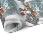 Duitse herder hond rijden motorfiets kerst cadeaupapier (Rol Hoek)