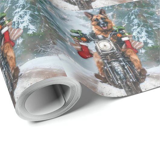 Duitse herder hond rijden motorfiets kerst cadeaupapier (Rol Hoek)