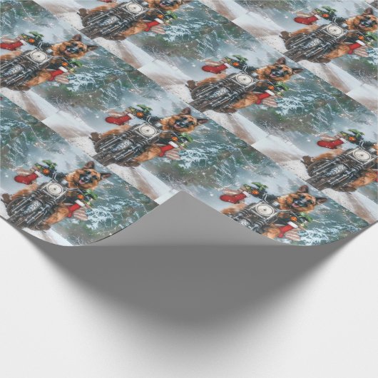 Duitse herder hond rijden motorfiets kerst cadeaupapier (Hoek)
