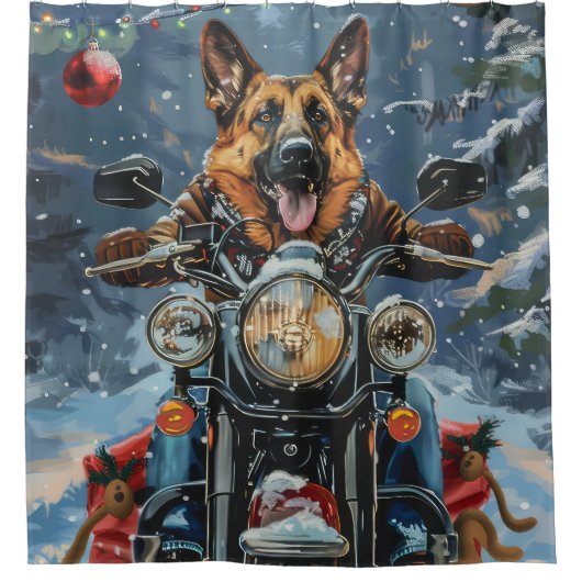 Duitse herder hond rijden motorfiets kerst douchegordijn (Voorkant)