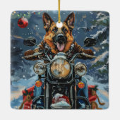 Duitse herder hond rijden motorfiets kerst keramisch ornament (Achterkant)