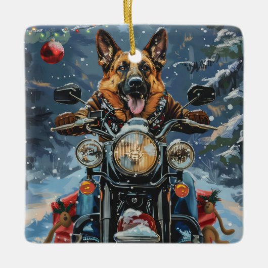 Duitse herder hond rijden motorfiets kerst keramisch ornament (Voorkant)