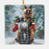 Duitse herder hond rijden motorfiets kerst keramisch ornament (Voorkant)