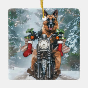 Duitse herder hond rijden motorfiets kerst keramisch ornament