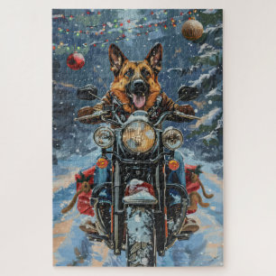 Duitse herder hond rijden motorfiets kerst legpuzzel