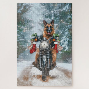 Duitse herder hond rijden motorfiets kerst legpuzzel