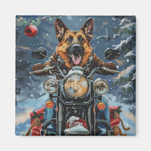 Duitse herder hond rijden motorfiets kerst magneet (Voorkant)