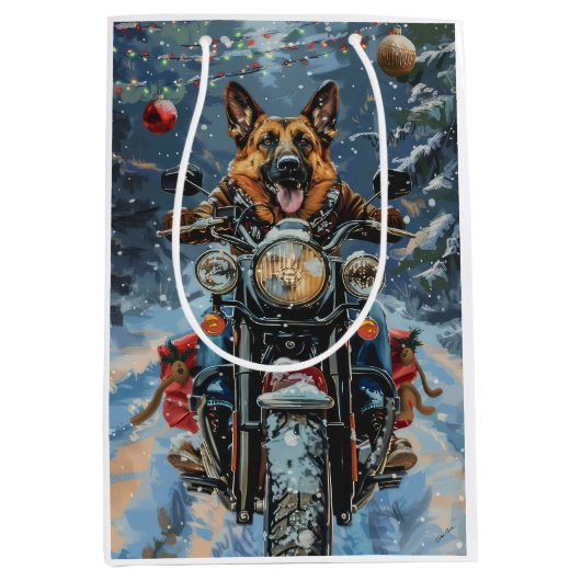 Duitse herder hond rijden motorfiets kerst medium cadeauzakje (Voorkant)