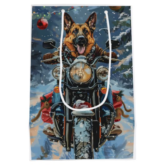 Duitse herder hond rijden motorfiets kerst medium cadeauzakje (Achterkant)