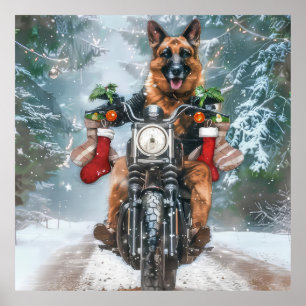 Duitse herder hond rijden motorfiets kerst poster