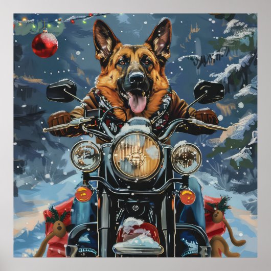 Duitse herder hond rijden motorfiets kerst poster (Voorkant)