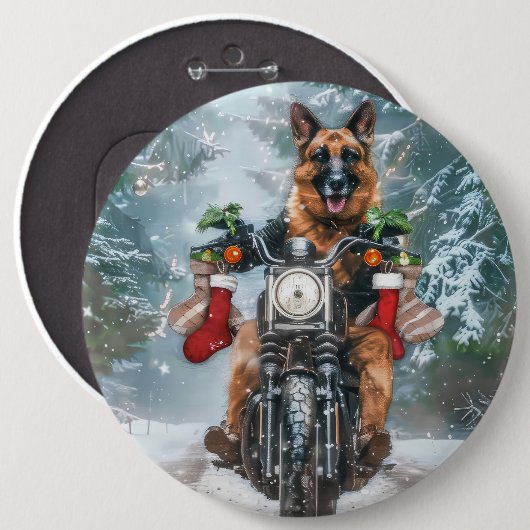 Duitse herder hond rijden motorfiets kerst ronde button 6,0 cm (Voorkant /achterkant)