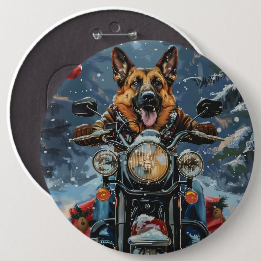 Duitse herder hond rijden motorfiets kerst ronde button 6,0 cm (Voorkant /achterkant)