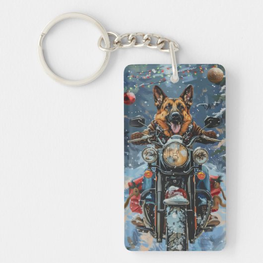 Duitse herder hond rijden motorfiets kerst sleutelhanger (Voorkant)