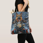 Duitse herder hond rijden motorfiets kerst tote bag (Dichtbij)