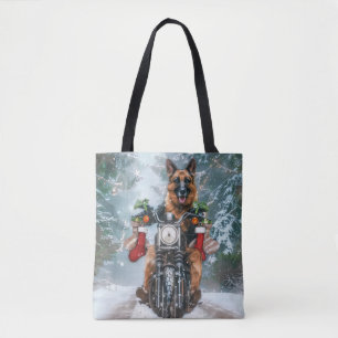 Duitse herder hond rijden motorfiets kerst tote bag