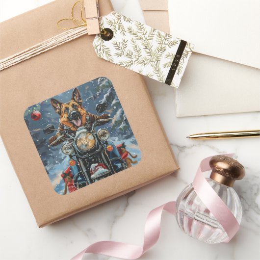 Duitse herder hond rijden motorfiets kerst vierkante sticker (Geschenken)