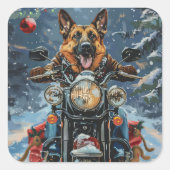 Duitse herder hond rijden motorfiets kerst vierkante sticker (Voorkant)