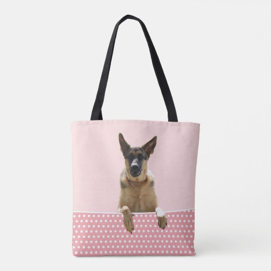 Duitse herder hond roze polka stippen tote bag (Achterkant)