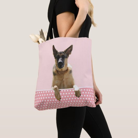 Duitse herder hond roze polka stippen tote bag (Dichtbij)