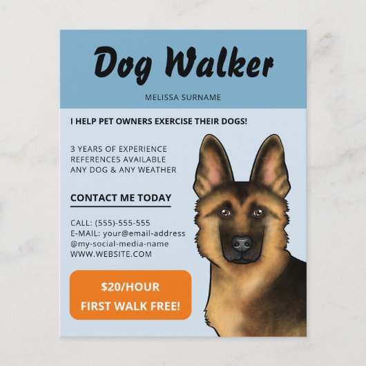 Duitse Herder Hond Walker Hond Walking Pet Service Flyer (Voorkant)