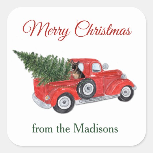 Duitse Herder Hond Waterverf Kerstwagen Vierkante Sticker (Voorkant)