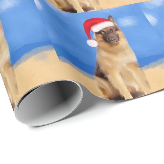 Duitse herder hond zitten op strand Santa Hat Cadeaupapier (Rol Hoek)
