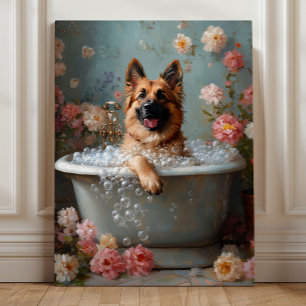 Duitse Herder in bad – Whimsical Bloemen Canvas Afdruk