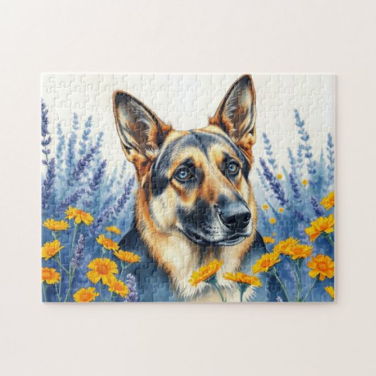 Duitse herder in de bloemen legpuzzel (Horizontaal)