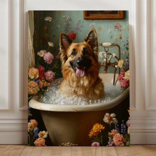 Duitse Herder in een bloembad泡bad Canvas Afdruk
