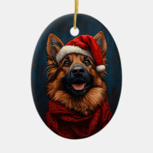 Duitse herder in een kerstmuts keramisch ornament
