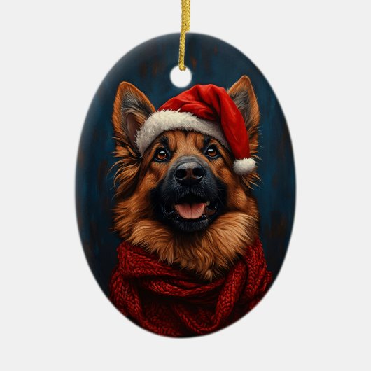 Duitse herder in een kerstmuts keramisch ornament (Voorkant)