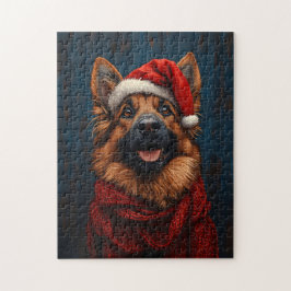 Duitse herder in een kerstmuts legpuzzel