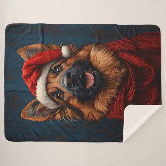Duitse herder in een kerstmuts sherpa deken (Voorkant (horizontaal))
